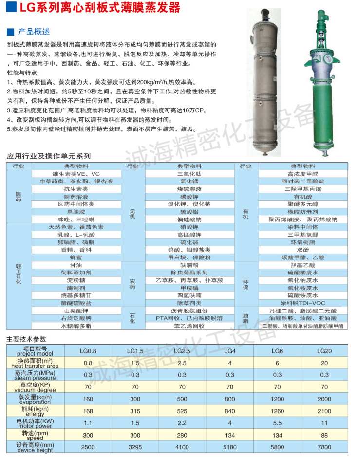 離心式刮板薄膜蒸發(fā)器型號參數